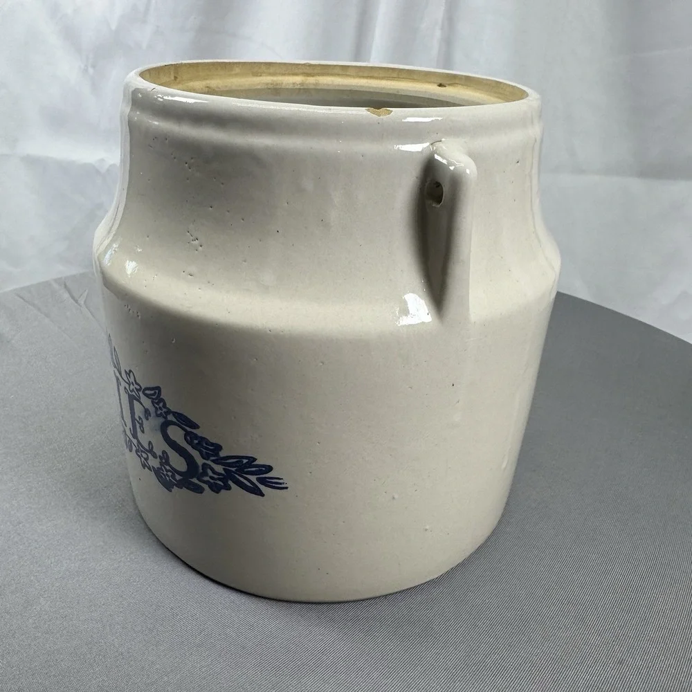 Vintage White Monmouth Pottery Stoneware Cookies cookie jar, Blue‎ Trim, No Lid
